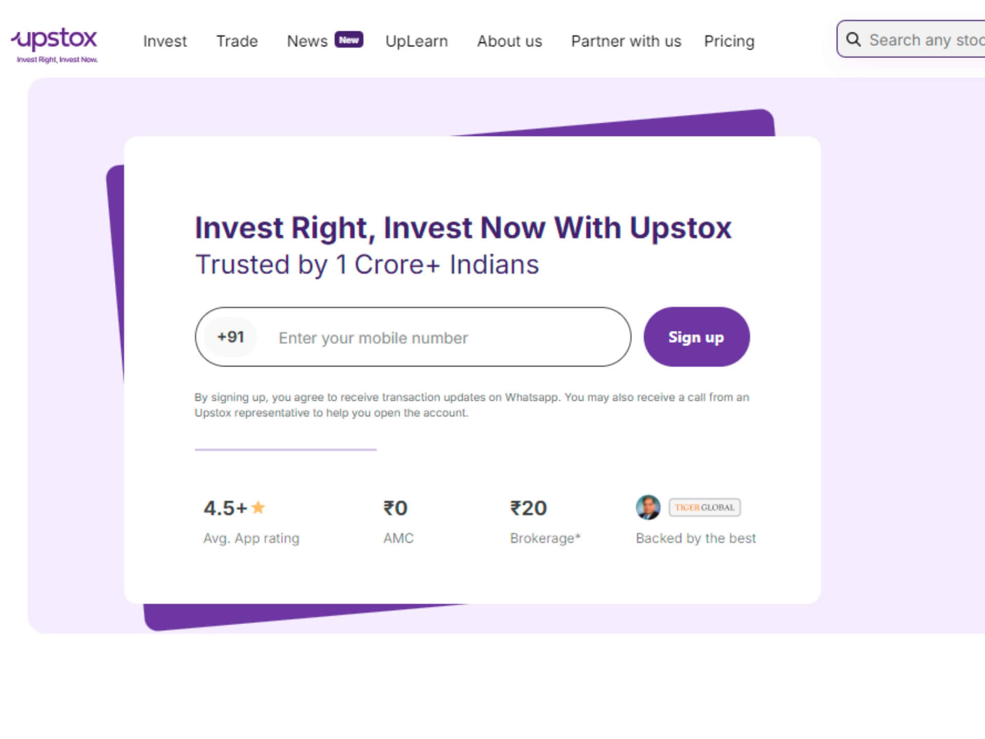 Upstox website first slide